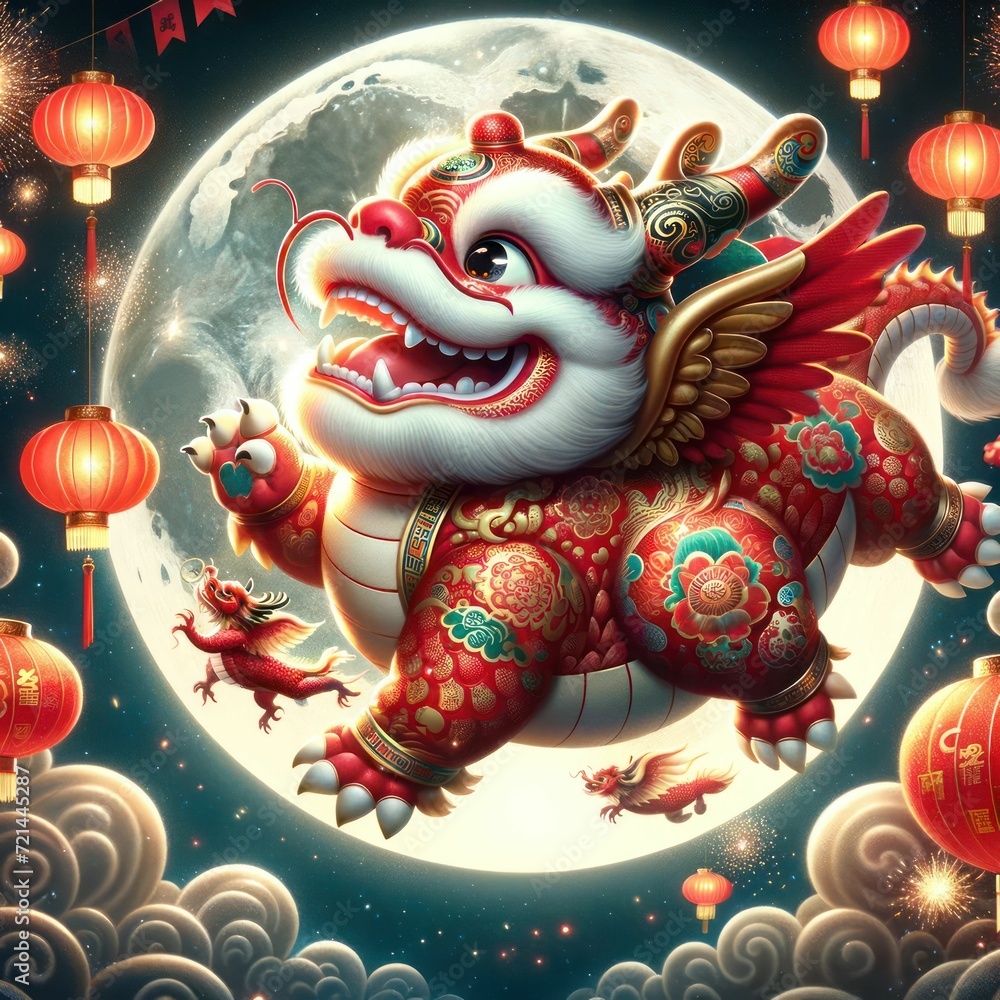 Colorful Chinese New Year Dragon Decoration in Ancient Temple