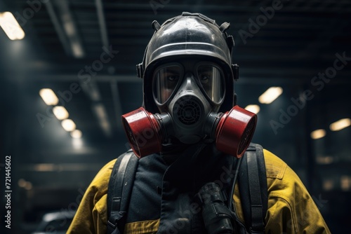 Man Wearing Gas Mask in Warehouse