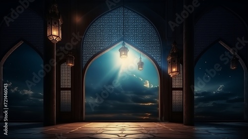 The interior of an islamic mosque is illuminated by moonlight through the window.