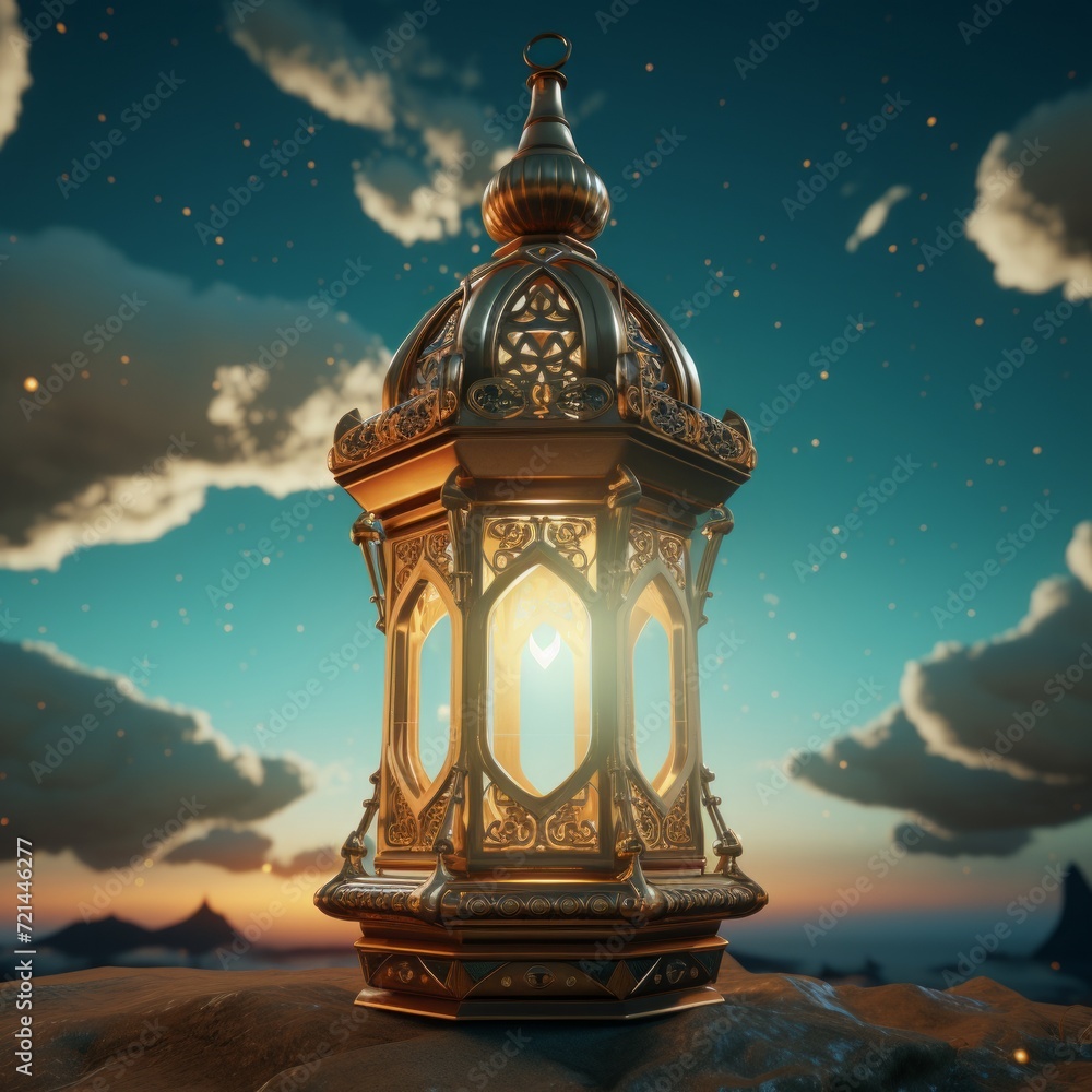 islamic lantern. a golden lantern on a dark night background. lantern on a sky background with dark clouds islamic lantern. a golden lantern on a dark night background. lantern on a sky background with dark clouds