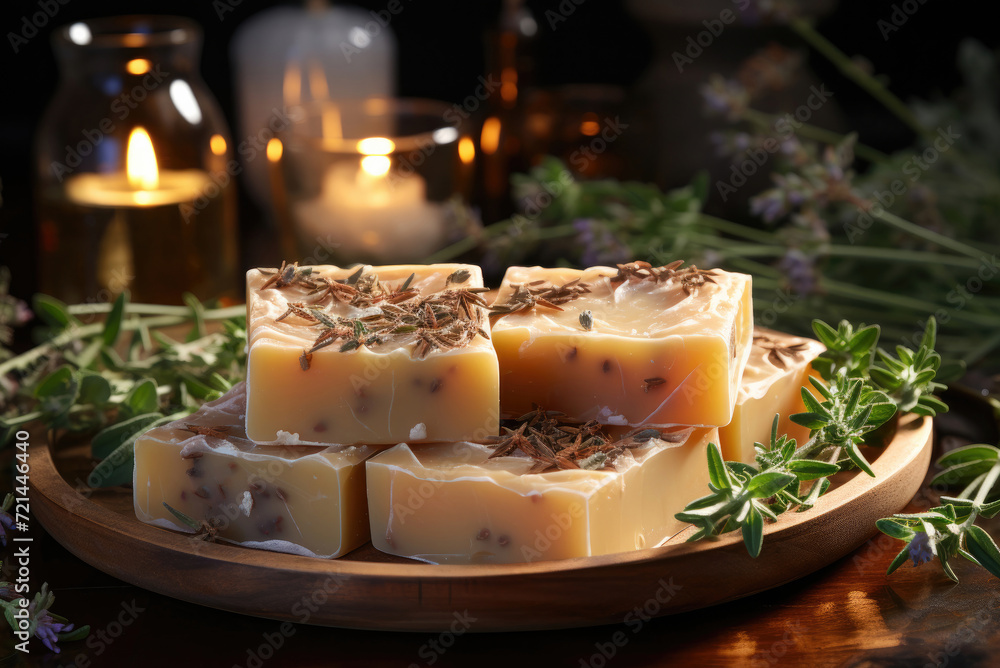 Pieces of natural homemade soap with rosemary