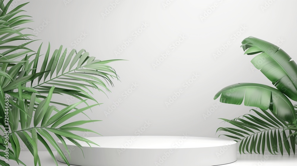 White podium with leaves