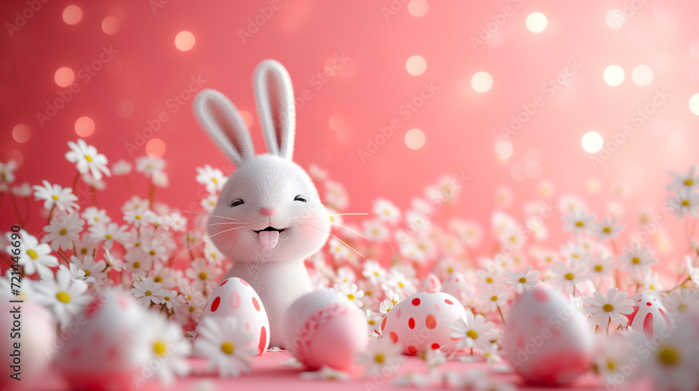 Easter bunny sitting surrounded by eggs and flowers. Adorable Easter Egg day on a pink background