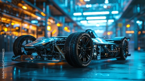 3D graphics rendering showing a prototype of an electric sport vehicle, allowing to see the layout of components and assemblies. Blurred background of a car factory interior with blue neon lighting.