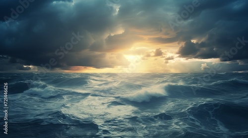 The sea is raging with the sun peeking through the clouds.