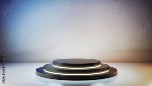 Black pedestal platform in a white room background  neon modern stand podium. Blank exhibition stage backdrop for brand advertising  empty product shelf.