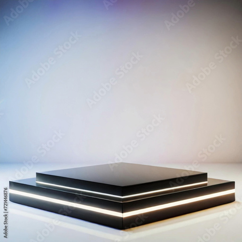 Black pedestal platform in a white room background, neon modern stand podium. Blank exhibition stage backdrop for brand advertising, empty product shelf.