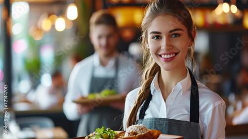 female waitress smiling and holding a plate of food
