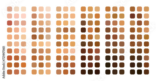 Huge set of human skin tone color light to dark in rounded rectangle Skin tan tone with Light pale, pale, brown, tanned, dark brown and black skin tone shades in group.
