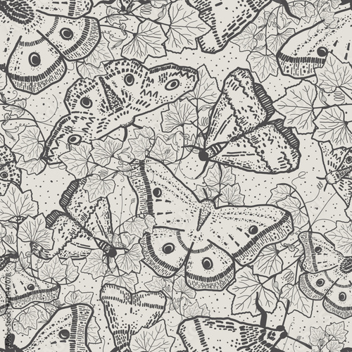 Black and white tattoo art of whimsical, flying moths or butterflies. Hand-drawn ink line bugs pattern in toile style. Monochrome insect illustration has a neutral, yet witchcraft and sorcery feel.