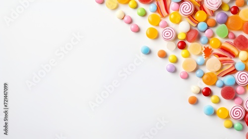 The top view has copy space and colorful jellymallows on a light surface.