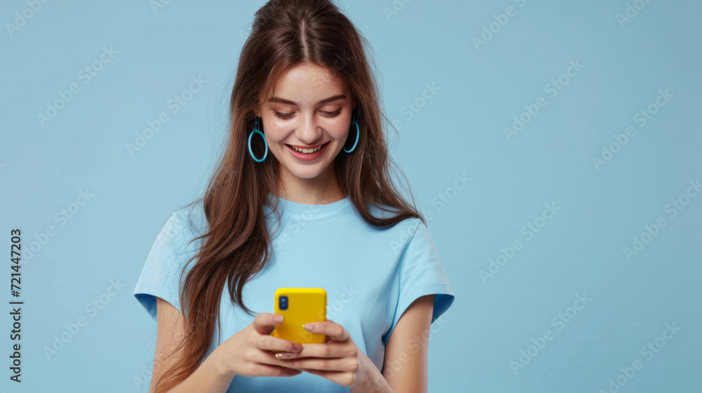 smiling young woman looking down at her yellow smartphone with pleasure, wearing a blue top and matching blue hoop earrings against a soft blue background smiling young woman looking down at her yellow smartphone with pleasure, wearing a blue top and matching blue hoop earrings against a soft blue background