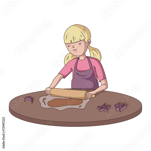 A young girl, a child with light hair wearing an apron, rolls out the dough on the table. A smiling teenager is preparing cookies in the kitchen. Vector illustration in flat style.
