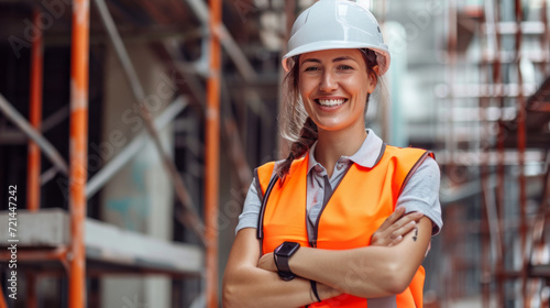 woman with a confident smile is wearing a white hard hat and reflective orange safety vest, standing at a construction site with scaffolding in the background