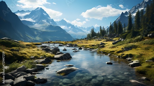 A mesmerizing shot of a turquoise blue lake nestled amidst a valley, with the mountains standing tall as silent witnesses to its beauty