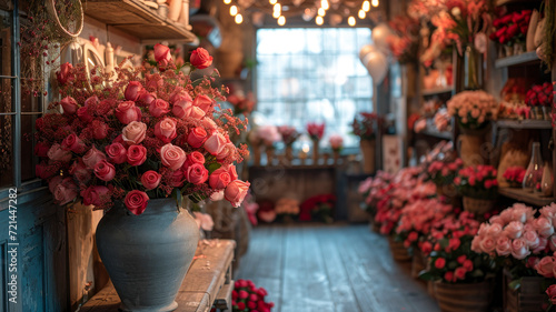 Enchanting Valentine s Day Flower Shop  Romantic Blooms and Festive Ambiance in a Floral Haven - Perfect for Love s Celebration   Ai Generated