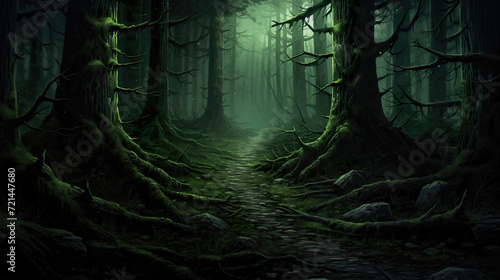 realistic long path in a forest, evening scene