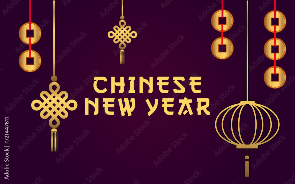 Chinese New Year banner template with golden coins and lanterns. Wealthy new year, Chinese traditional frame, lanterns, elements banner template