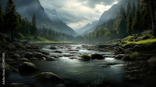 wonderful realistic mountain scenery with a river