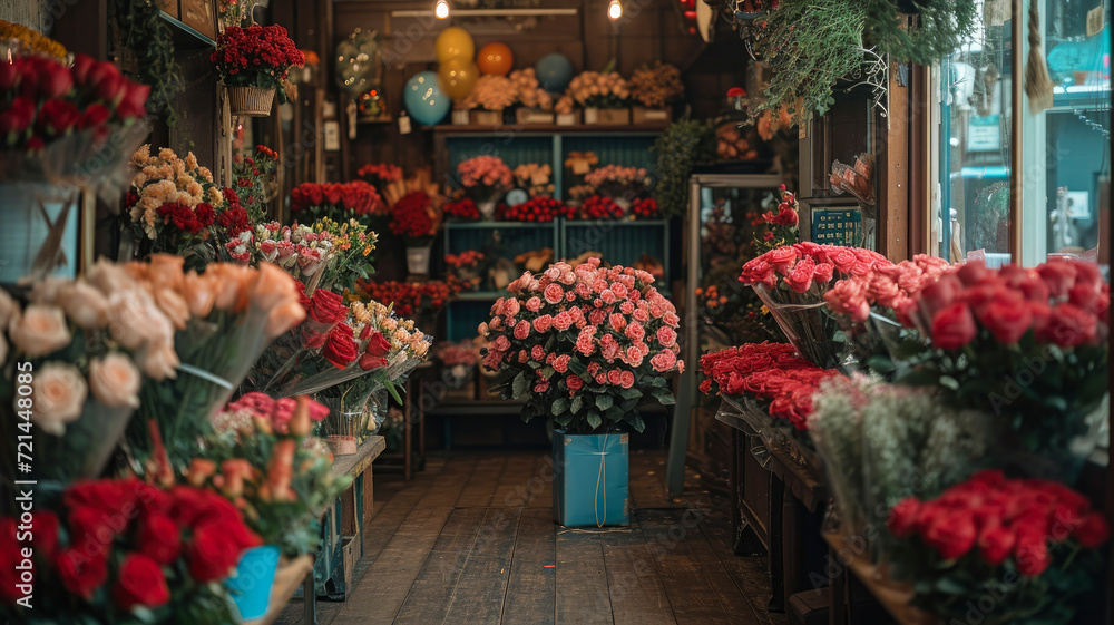 Enchanting Valentine's Day Flower Shop: Romantic Blooms and Festive Ambiance in a Floral Haven - Perfect for Love's Celebration | Ai Generated