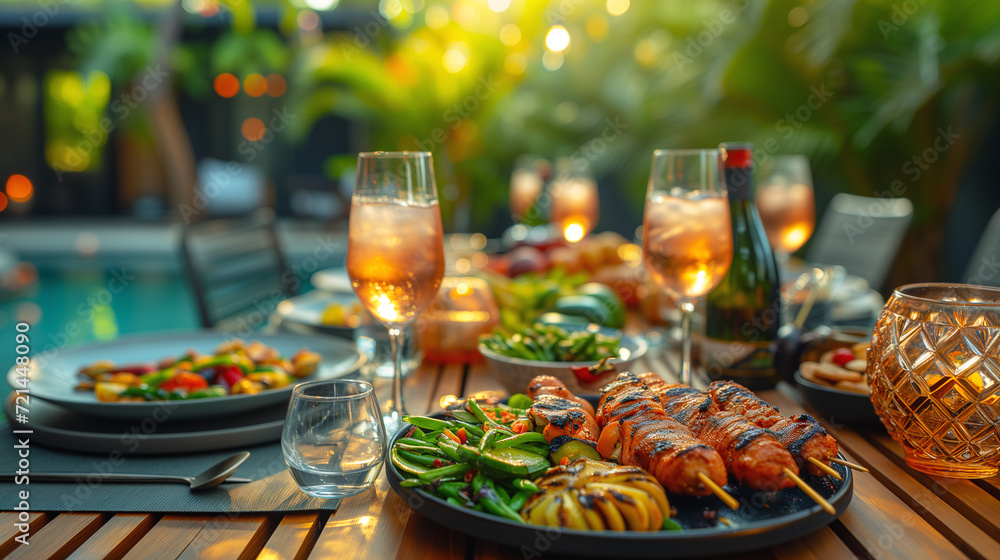 outdoor dinner table set with various dishes, glasses of rose wine, and a warm, tropical backdrop