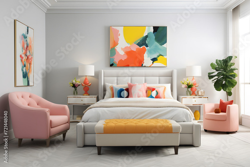 Vibrant master bedroom with an eclectic mix of colorful tone