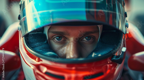F1 racing driver thinking before his race, wearing a bright red and white helmet, focused eyes showcasing his victory © amila