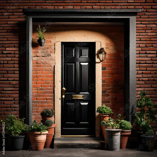 entrance door and flower, A black front door of a house adorned with potted plants of various colors and sizes. The door has a brass knob and a peephole. The house has a brick wall and a window with c
