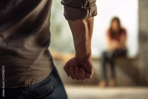 Back view of aggressive man with defocused clenched fist with woman in blurry background photo