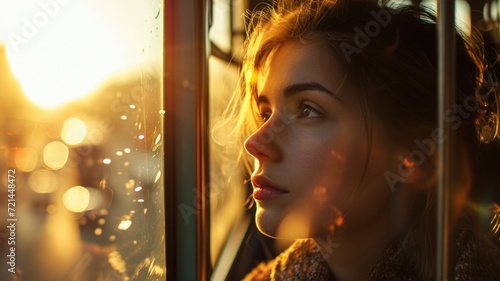 getting to know the city through the glass of a tram, a dreamy girl looking out the window
