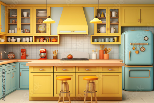 Vibrantly colored kitchen with bright yellow cabinets