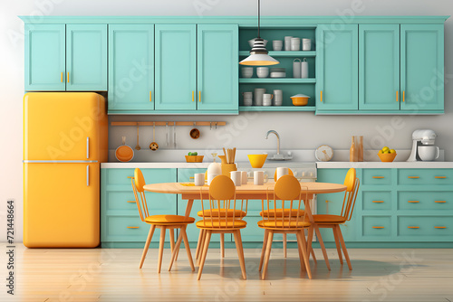 Vibrantly colored kitchen with bright yellow cabinets