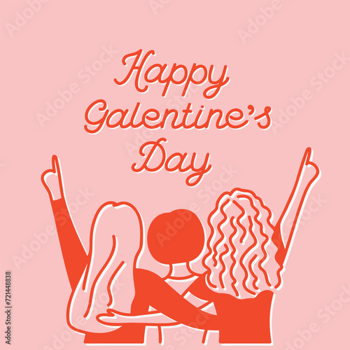 Happy Galentines Day, three hugging girls, slumber party, pink and red combo, hand drawn square vector card
