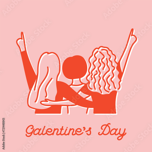 Galentine's Day card, slumber party, pink and red combo, hand drawn vector illustration