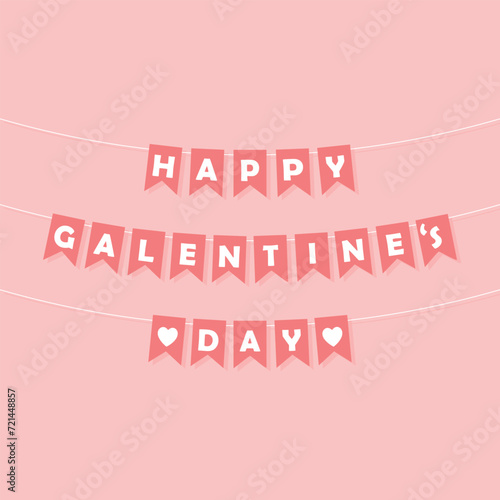 Happy Galentine's Day bunting garland, pink pennants with white letters, party lettering banner, galentine card, vector holiday decoration