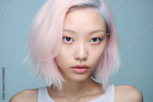 Portrait of young Asian woman with light pastel pink hair in front of studio background