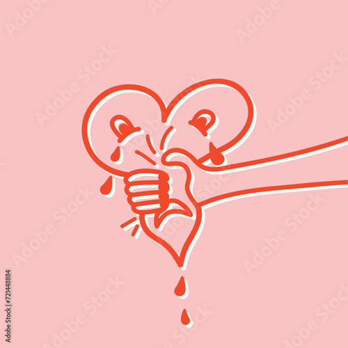 love hurts, hand squeezing bleeding heart, pink and red combo, hand drawn vector illustration