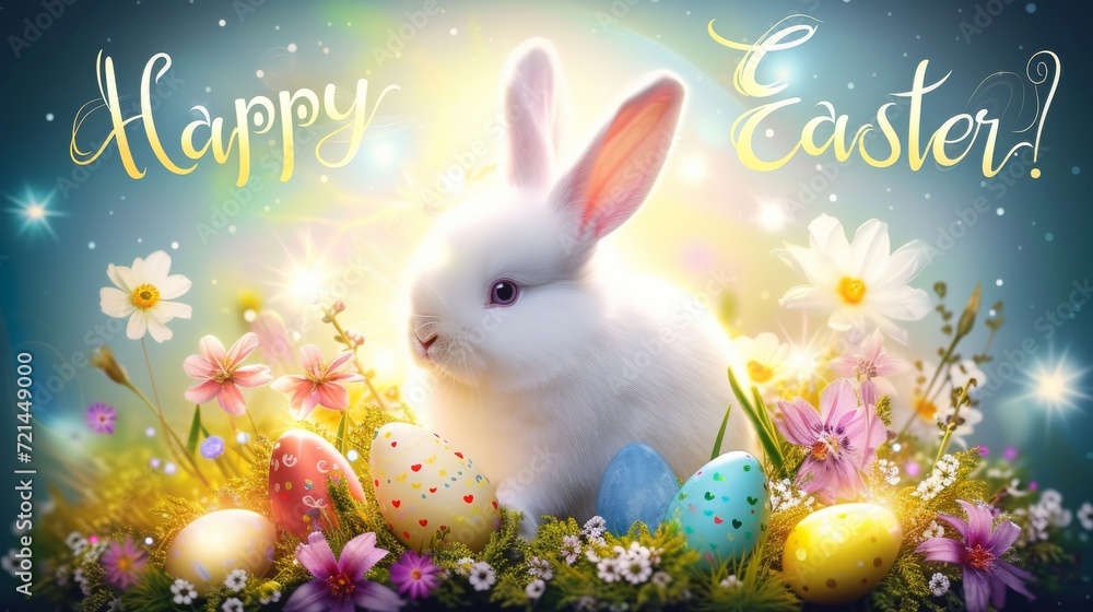 Easter Celebration Image with Bunny, Colorful Eggs and Flowers Easter Celebration Image with Bunny, Colorful Eggs and Flowers