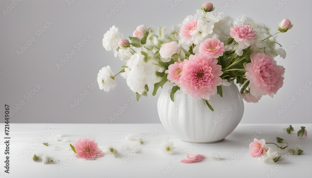 pink and white flowers in ceramic white vase on white background