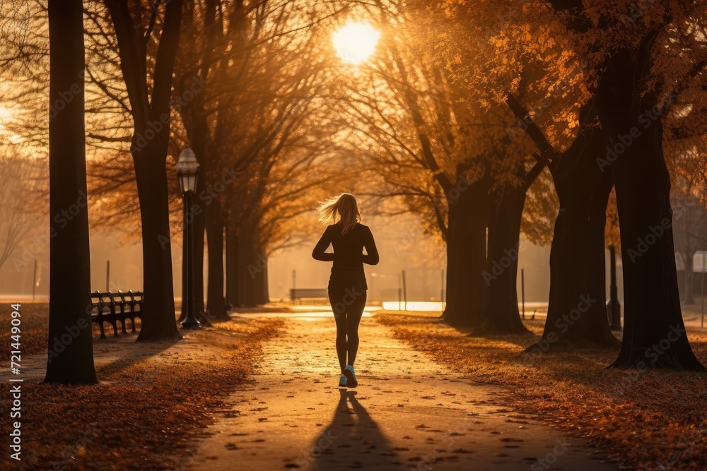 Woman Running in the Park at Sunset