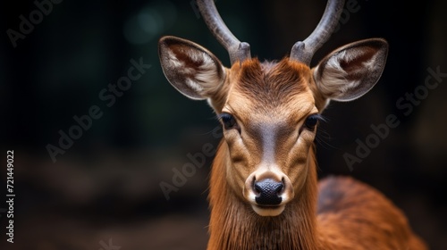 A close-up shot of a brown western sitatunga at a zoo.