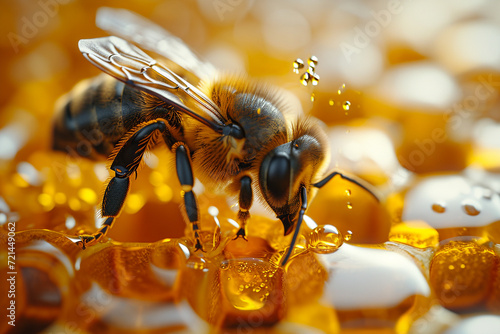 closeup of honeycomb with bee making honey.