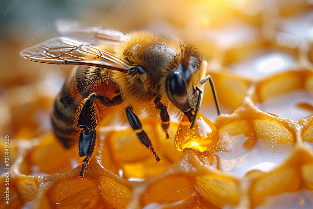 closeup of honeycomb with bee making honey. closeup of honeycomb with bee making honey.