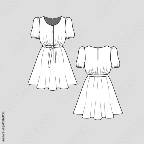 Back Zipper knotted tie up dress button panel waist gathering panel knot tie detail puff short sleeve  fashion t shirt top blouse Dresses Flat Sketch technical Drawing template design vector