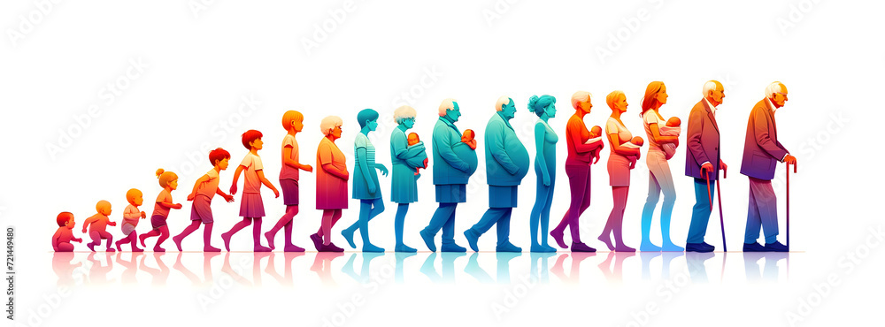 Human Life Cycle and Aging Process: From Baby Crawling to Elderly with Cane - Growth, Development & Generations Concept