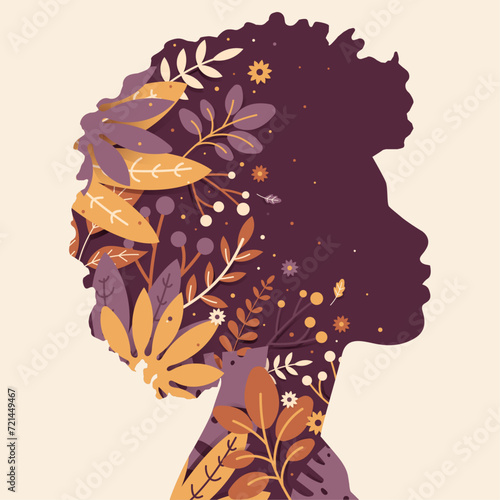 Silhouette d'une jeune femme africaine et décor végétal - Illustration vectorielle pour les droits des femmes et le Girl power - Journée internationale - 8 mars - illustration positive moderne