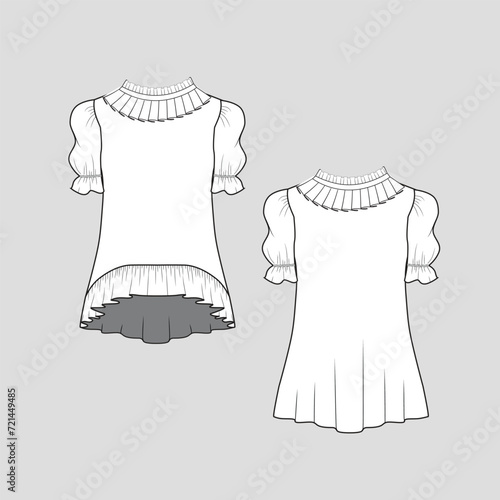 Box Pleat neck Ruffled tunic top fashion box pleats detail on neckline elastic gathering sleeve high low ruffles dip hem Fashion clothing outline flat sketch technical drawing template design