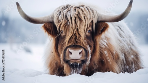 A long-haired, fluffy brown yak with long horns is grazing in the snow