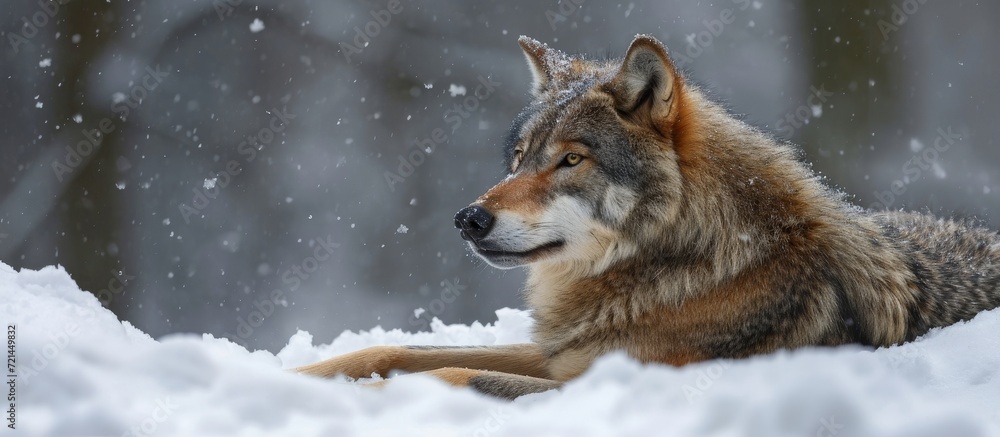Captivating Image of a Majestic Wolf, Canis Lupus, Resting Peacefully in the Tranquil Snow
