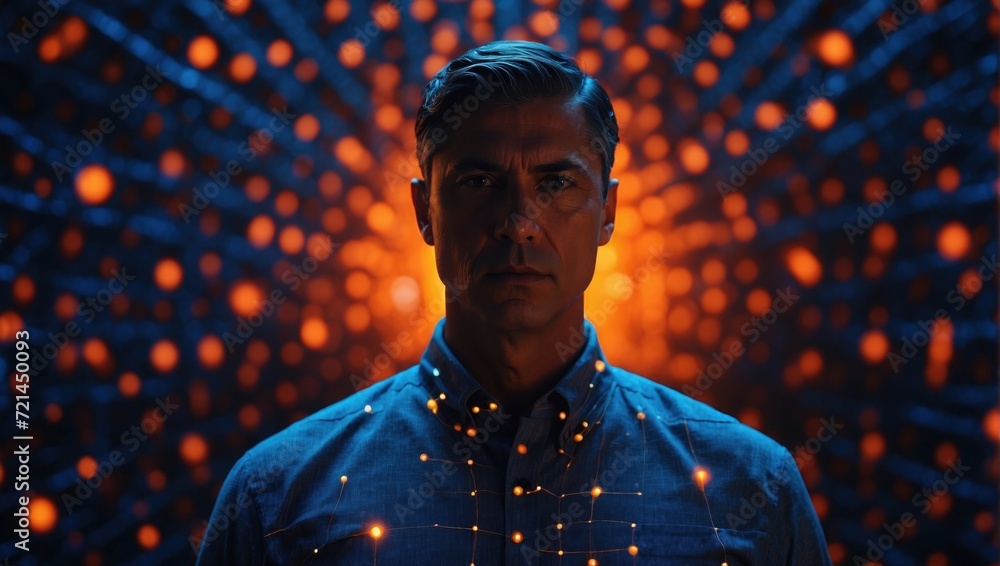 individual surrounded by a network of digital connections in a dark environment illuminated by blue and orange bokeh lights integrated into his clothing. fusion of man with technology and cyberspace